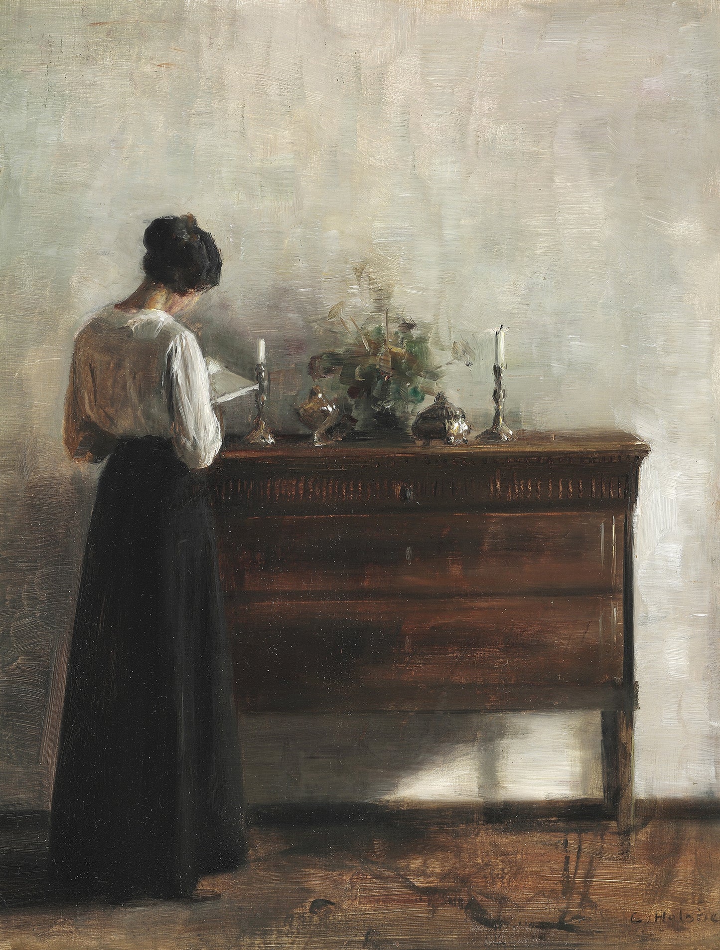 Woman Reading Near Buffet Vintage Art 002: Digital Download